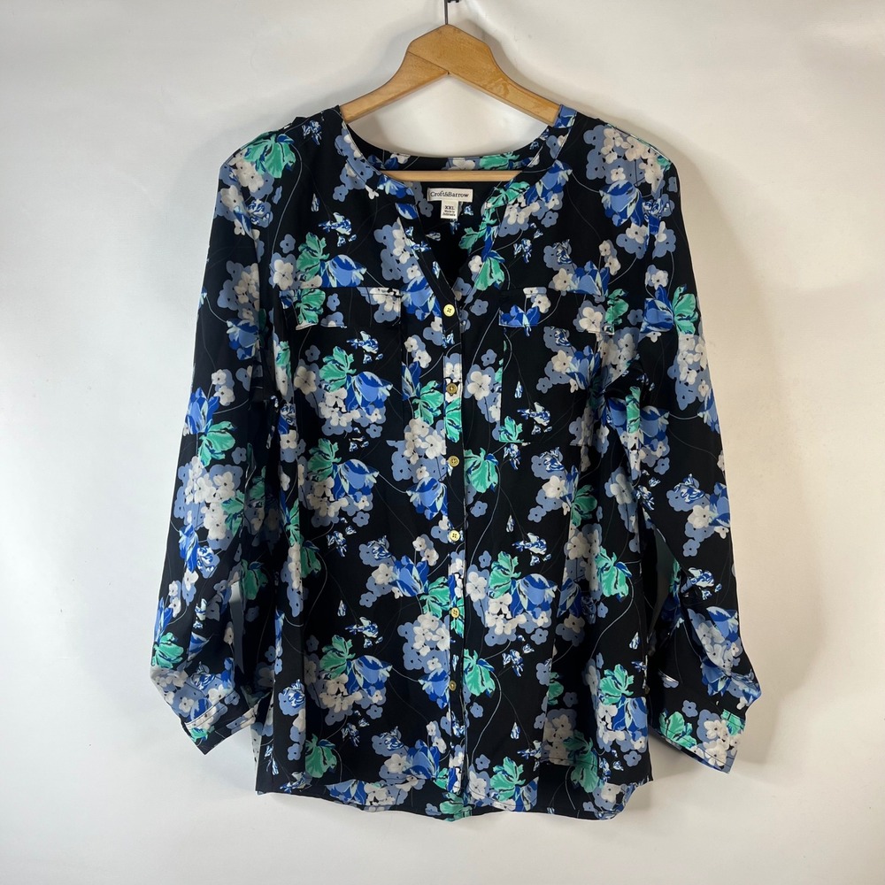 Croft & Barrow Blouse Womens XXL Black Blue Floral Roll Tab Sleeve Button Down